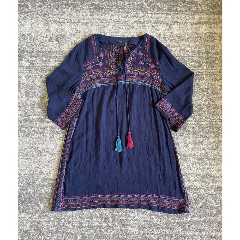 THML Womens S Blouse Tunic Navy Blue Embroidery 3/4 Sleeve Tassels EUC K5